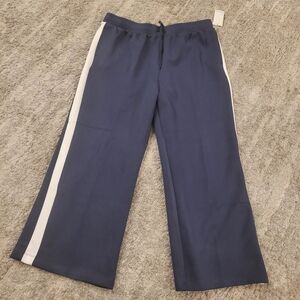 Navy Blue Wide-Leg Pants with White Stripe High Rise